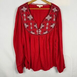 Nurture Westbound Woman Long Sleeve Embroidered Boho Peasant Blouse 2X Bohemian